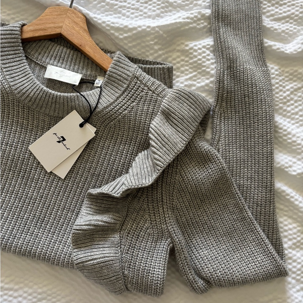 7 for all Mankind Gray Ribbed Ruffle Sweater